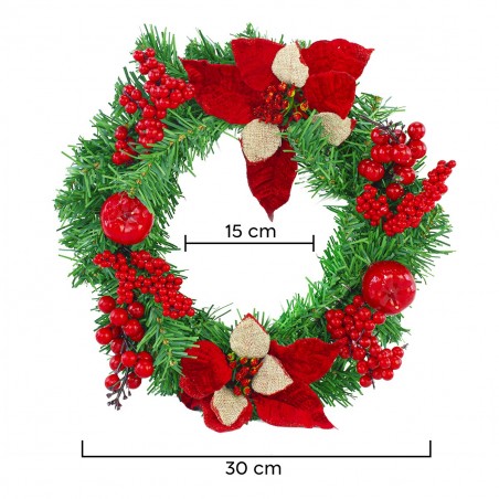 Guirnalda de puerta redonda para Navidad de 35 cm con decoraciones rojas