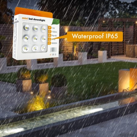 Art. 616667 Conjunto de 9 mini focos LED 1W larga duración con protección IP65