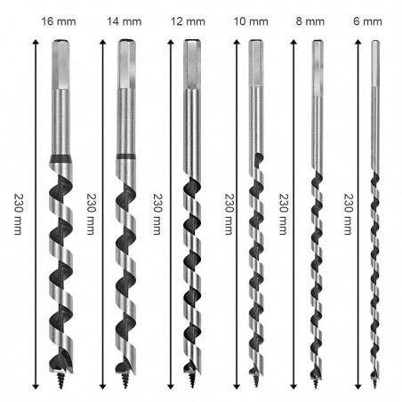 Brocas para madera 6 piezas Vaso hexagonal de 6 a 16 mm en caja Longitud 23 cm
