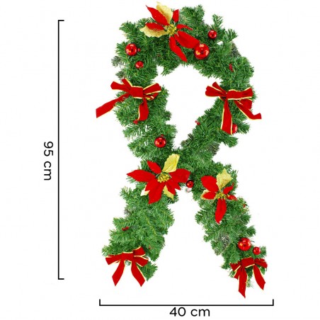 326608 Guirnalda de Navidad para puerta con bolas lazos y flores Rojas 40x95 cm