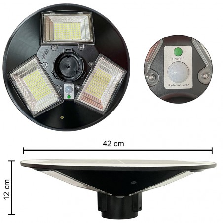 031507 Farola solar 150W con poste de pared curvo y control remoto de 42x12cm