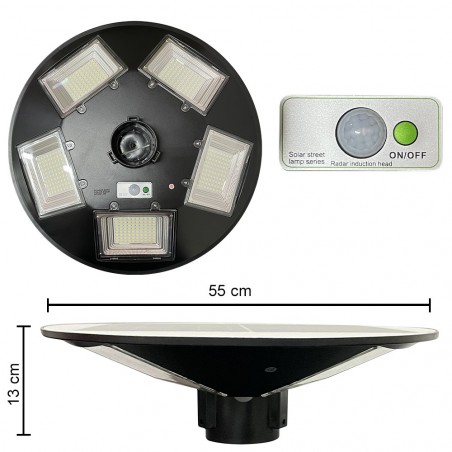 053004 Farola solar 300W con poste de pared curvo y control remoto de 55x13cm