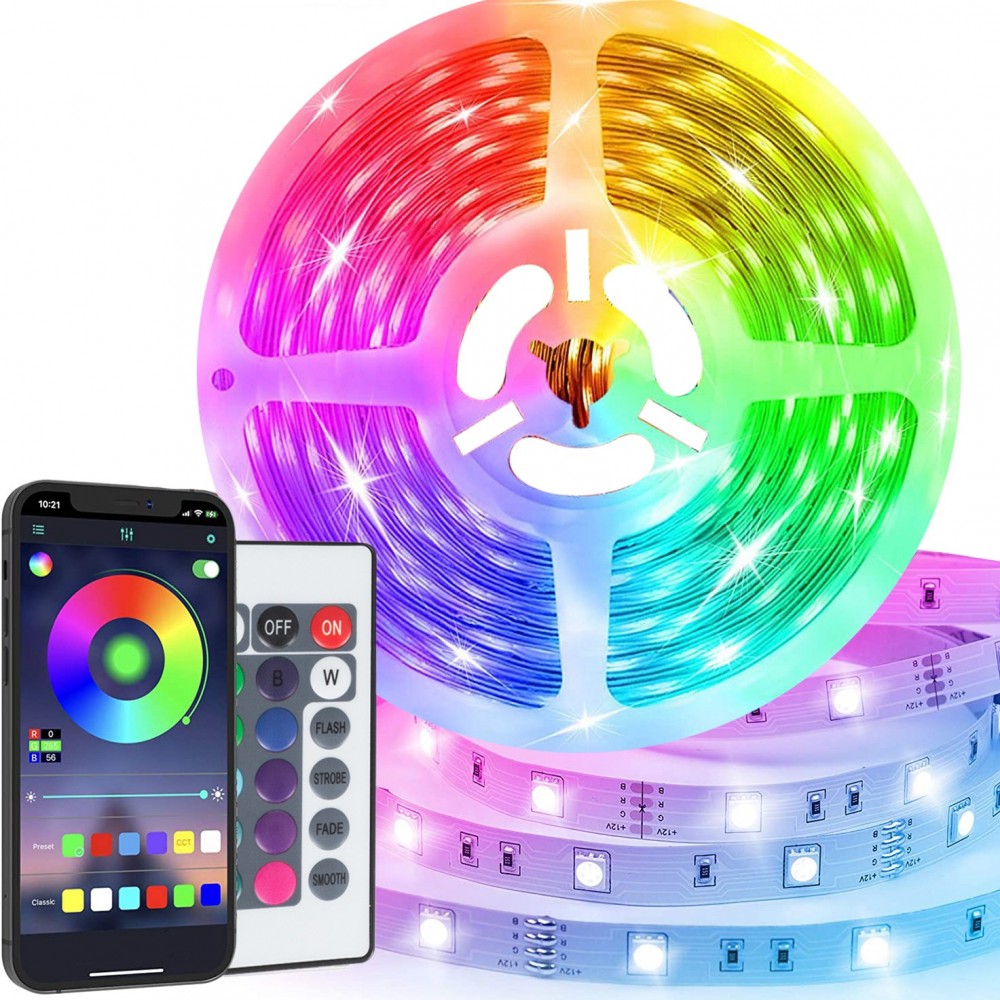 5050 Tira LED RGB 5mt Brillo Color Ritmo Ajustable con APP o Control Remoto