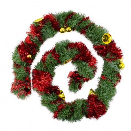 778773 Guirnalda trenzada de Navidad 280cm con campanas, bolas rojas y doradas