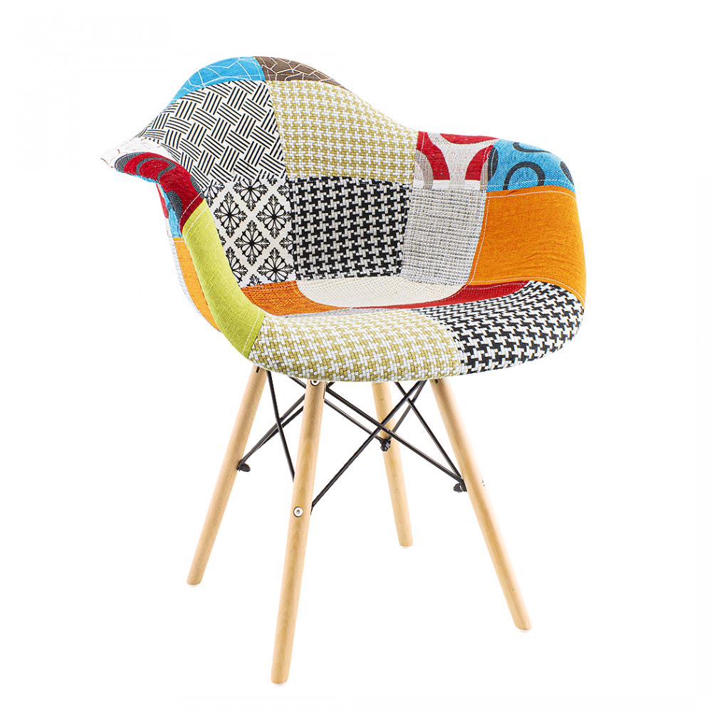 Sillón EIFFEL en tejido patchwork con asiento y patas de madera blanda