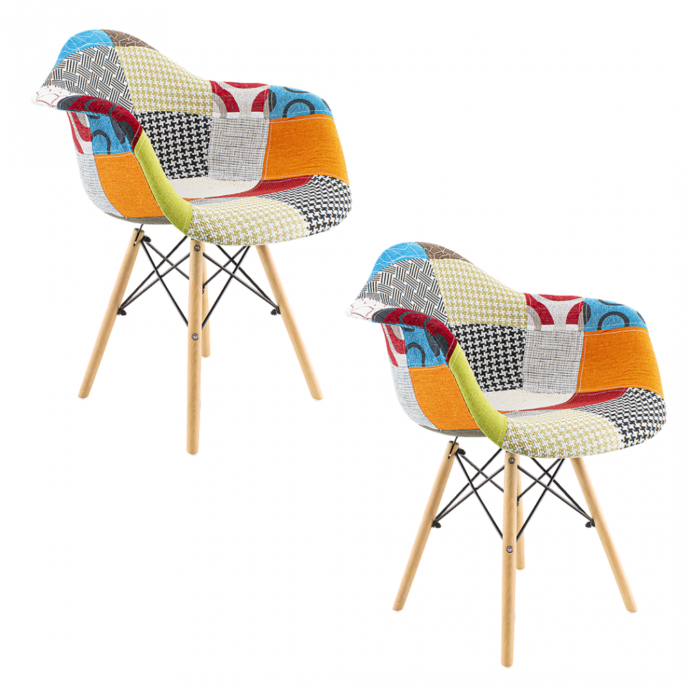 Conjunto de 2 sillones EIFFEL en tejido Patchwork asiento suave patas de madera