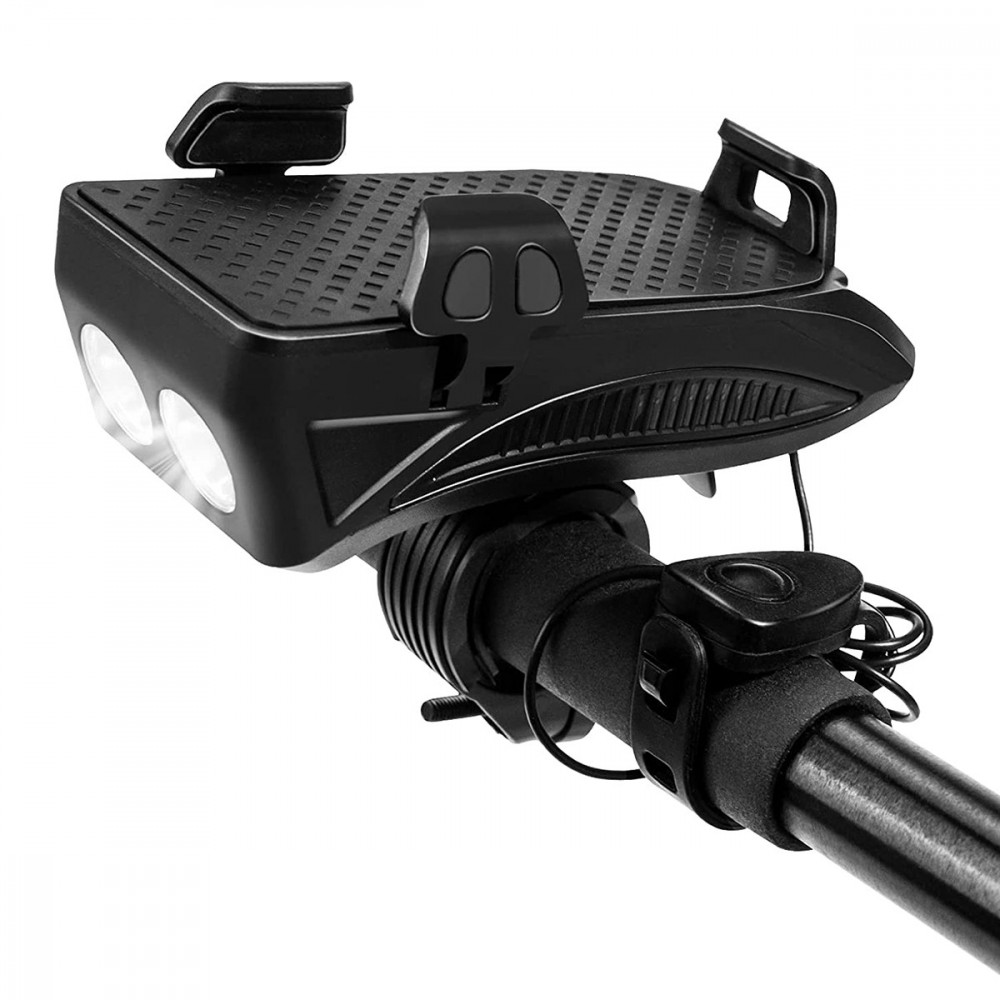 Linterna con bocina para bicicleta 5W con carga USB y soporte de teléfono móvil