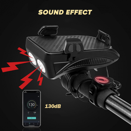 Linterna con bocina para bicicleta 5W con carga USB y soporte de teléfono móvil