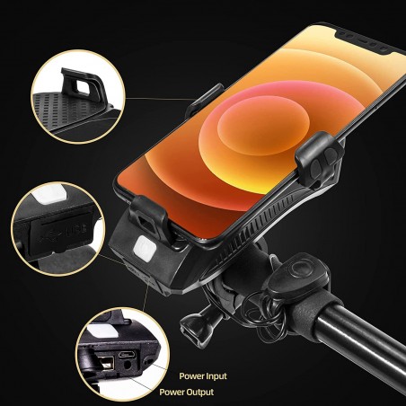 Linterna con bocina para bicicleta 5W con carga USB y soporte de teléfono móvil
