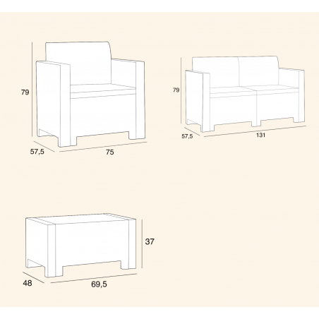 Set de mesa 1 sofá y 2 asientos de jardín Alabama con cojines y en 3 colores
