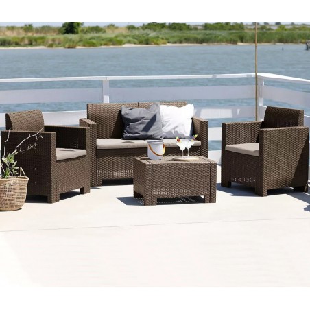 Set de mesa 1 sofá y 2 asientos de jardín Alabama con cojines y en 3 colores