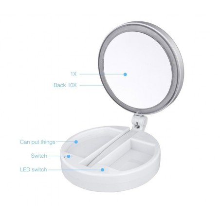 134006 Espejo cosmético 16 cm Zoom doble cara 1X y 10X para maquillaje luces LED