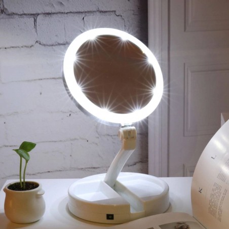 134006 Espejo cosmético 16 cm Zoom doble cara 1X y 10X para maquillaje luces LED