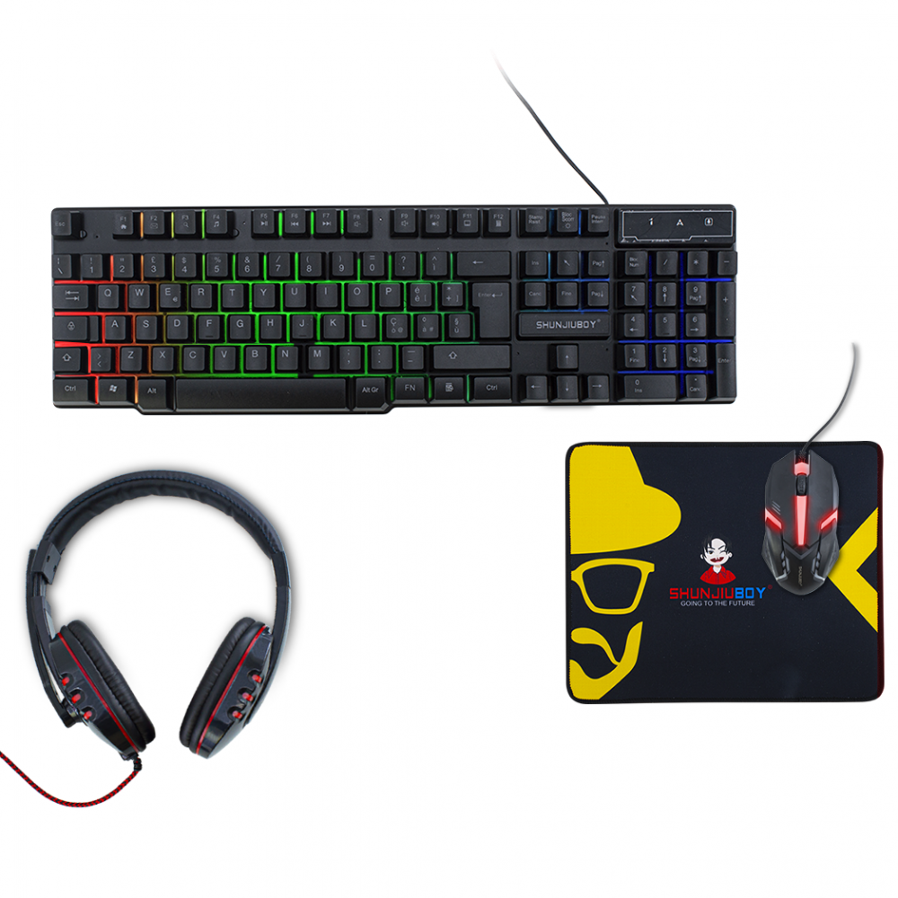 666446 Teclado gamer 4 en 1 con iluminación RGB auriculares, mouse y almohadilla