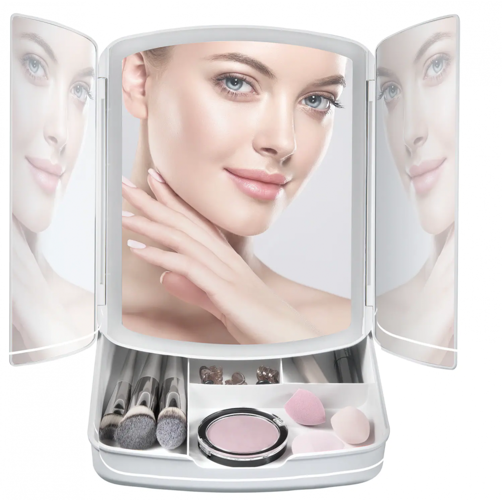 720013 Espejo de maquillaje plegable con luces LED y cajones para maquillaje