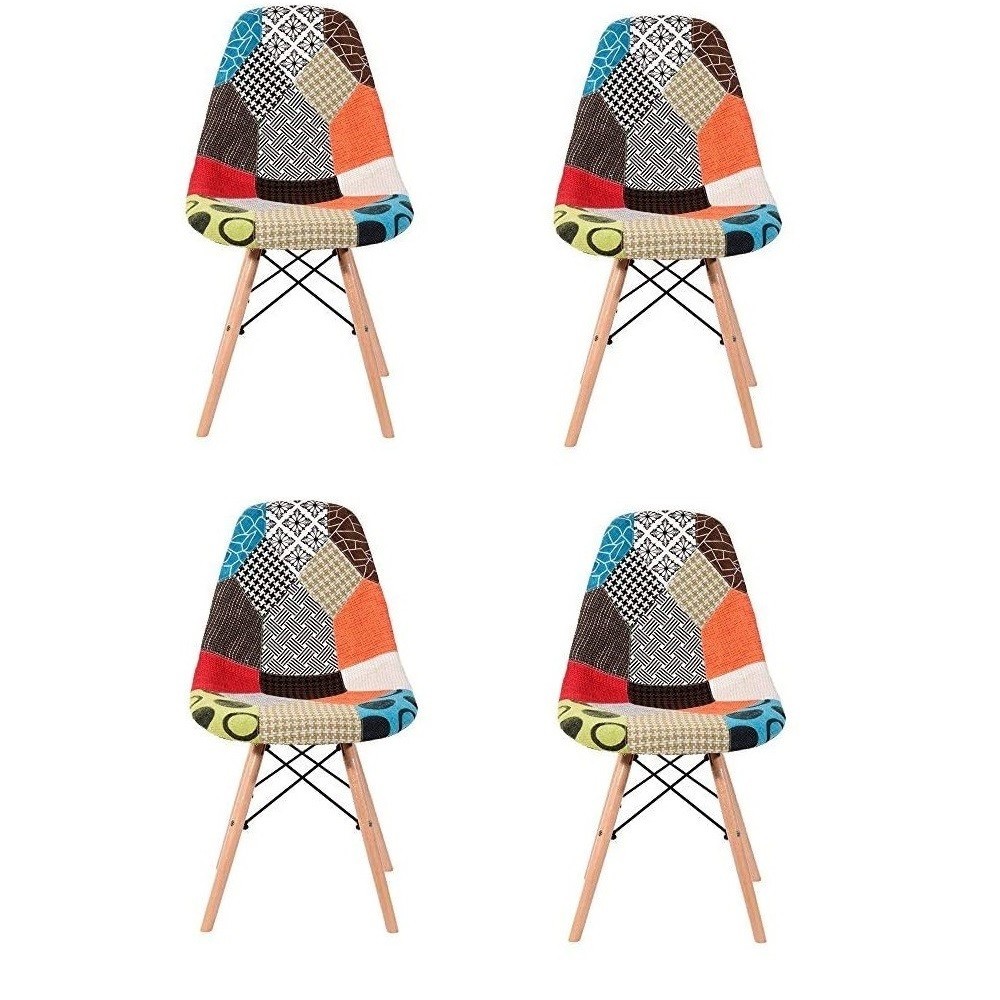 Pack de 4 sillas Fantasy en tejido patchwork de 48x54x85cm con patas de madera