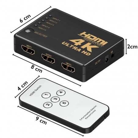 Conmutador 4K HDMI Ultra HD Switch 1080P de 5 entradas con control remoto