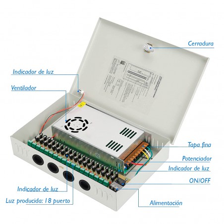 216043 Fuente alimentación estabilizada en caja 12V 25A 8CH Switching Power Box