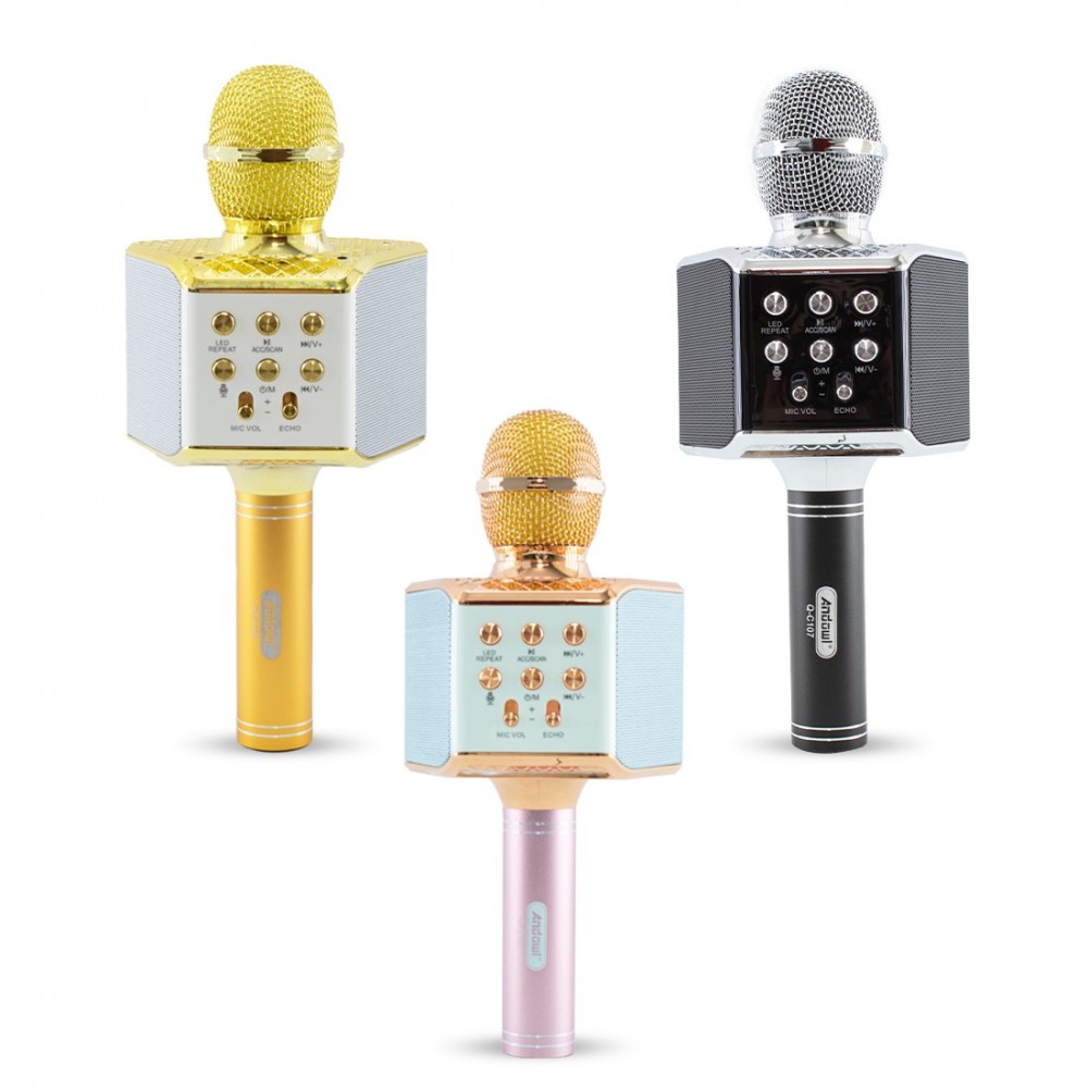 Micrófono karaoke inalámbrico con luz LED Q-C107 Graba canta y reproduce música Oro
