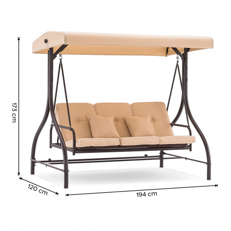 Mecedora de jardín de 3 plazas BEIGE con respaldo reclinable en cama y cojines