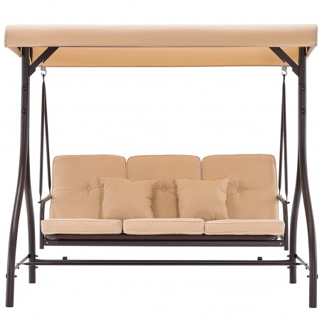 Mecedora de jardín de 3 plazas BEIGE con respaldo reclinable en cama y cojines