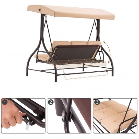 Mecedora de jardín de 3 plazas BEIGE con respaldo reclinable en cama y cojines