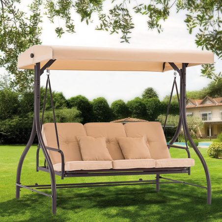 Mecedora de jardín de 3 plazas BEIGE con respaldo reclinable en cama y cojines