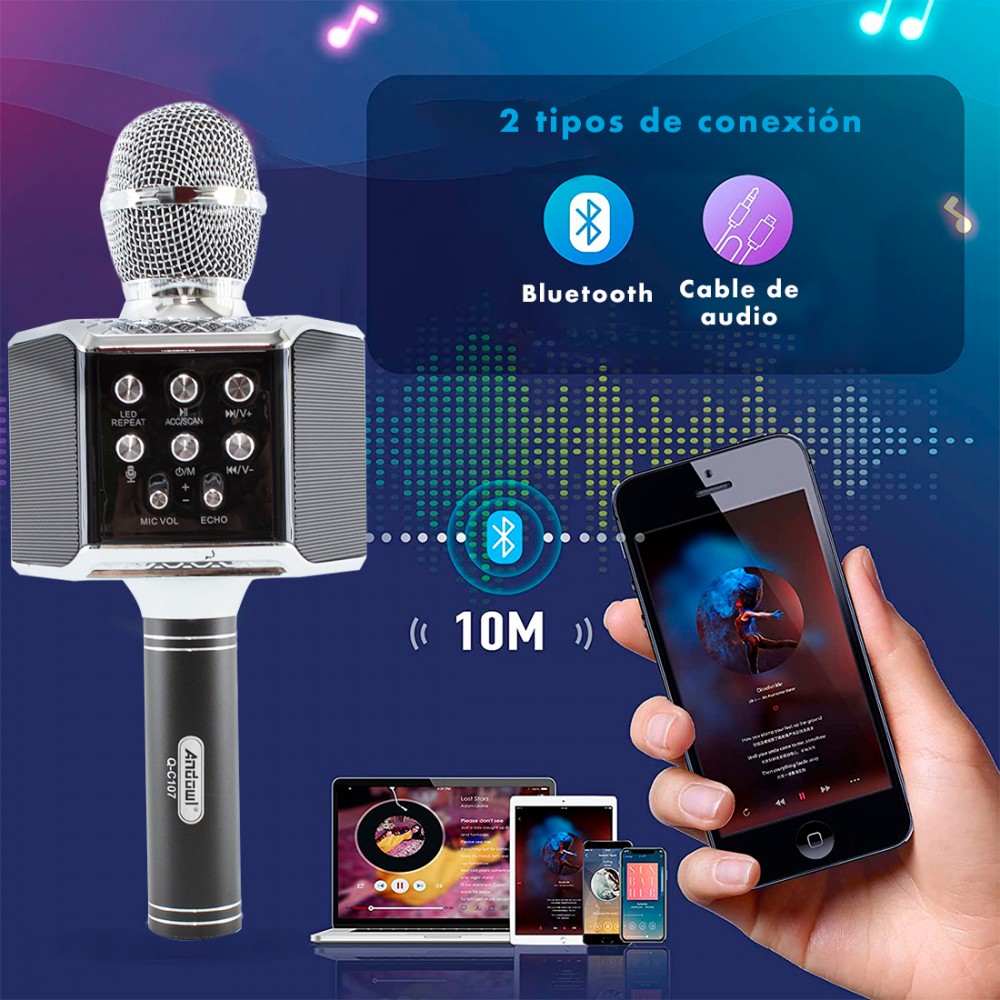 Micrófono karaoke inalámbrico con luz LED...