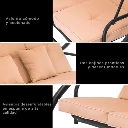 Mecedora de jardín de 3 plazas BEIGE con respaldo reclinable en cama y cojines