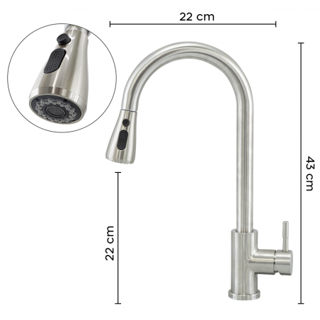 Grifo de cocina monomando en acero inoxidable Banff con cabezal extensible