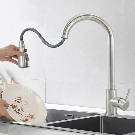Grifo de cocina monomando en acero inoxidable Banff con cabezal extensible