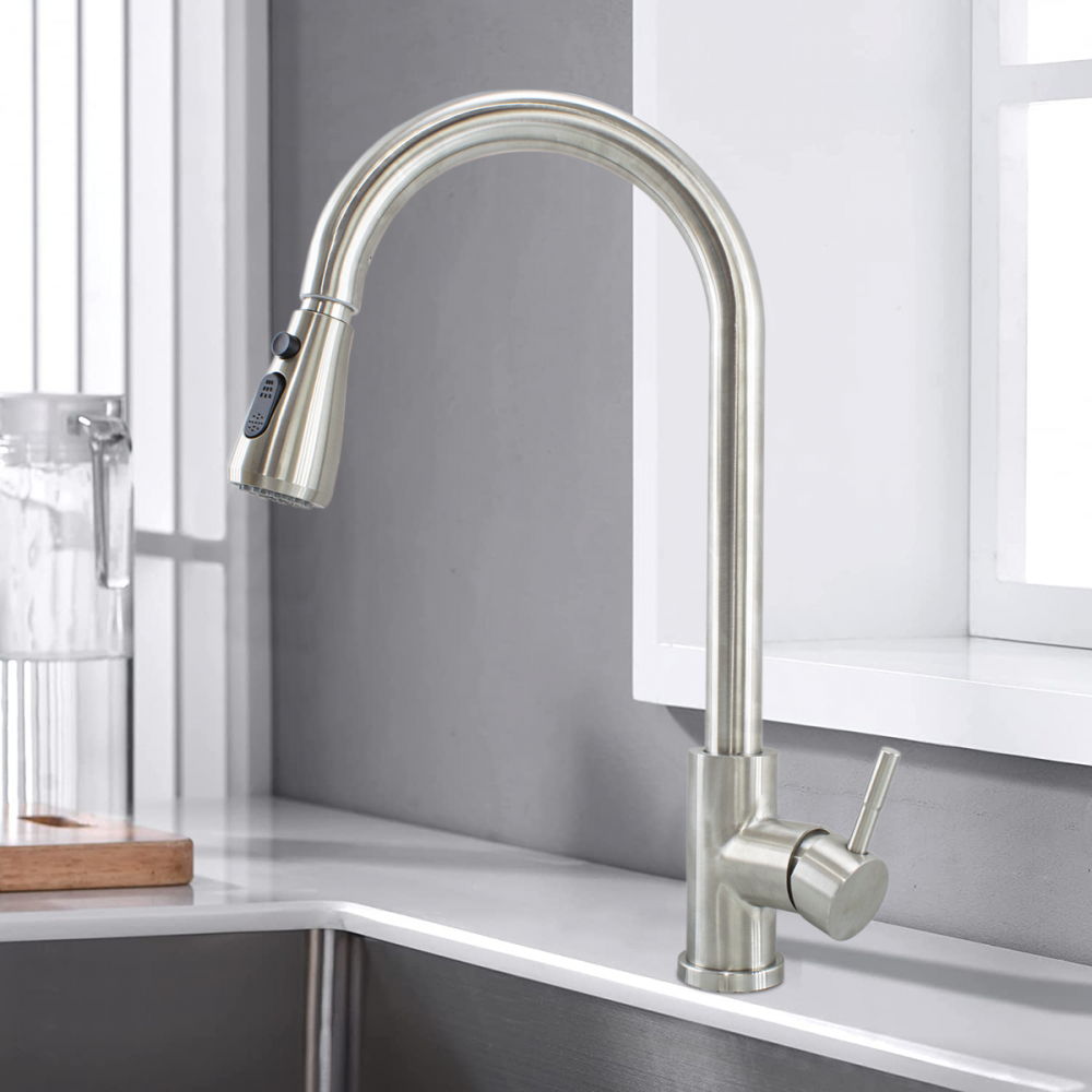 Grifo de cocina monomando en acero inoxidable...