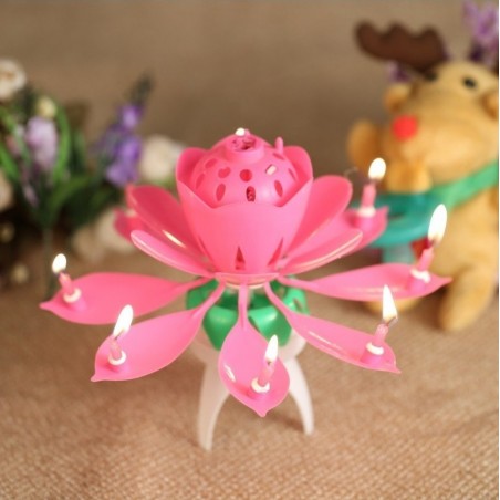 54544 2 Piezas vela musical en forma de flor con efectossonoros y giratoria ROSA