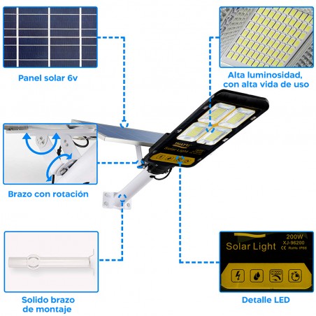 Farola LED con panel solar 200W 360 Lámpara LED con mando a distancia