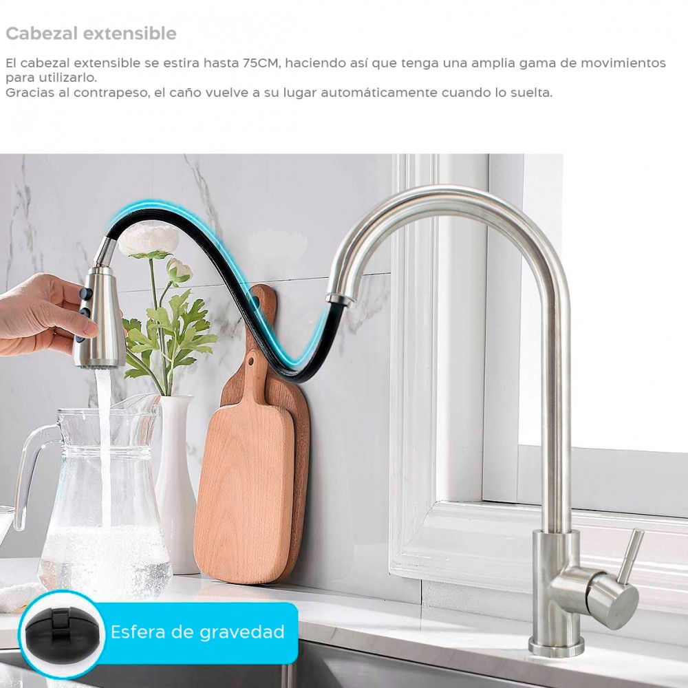 Grifo de cocina monomando en acero inoxidable...