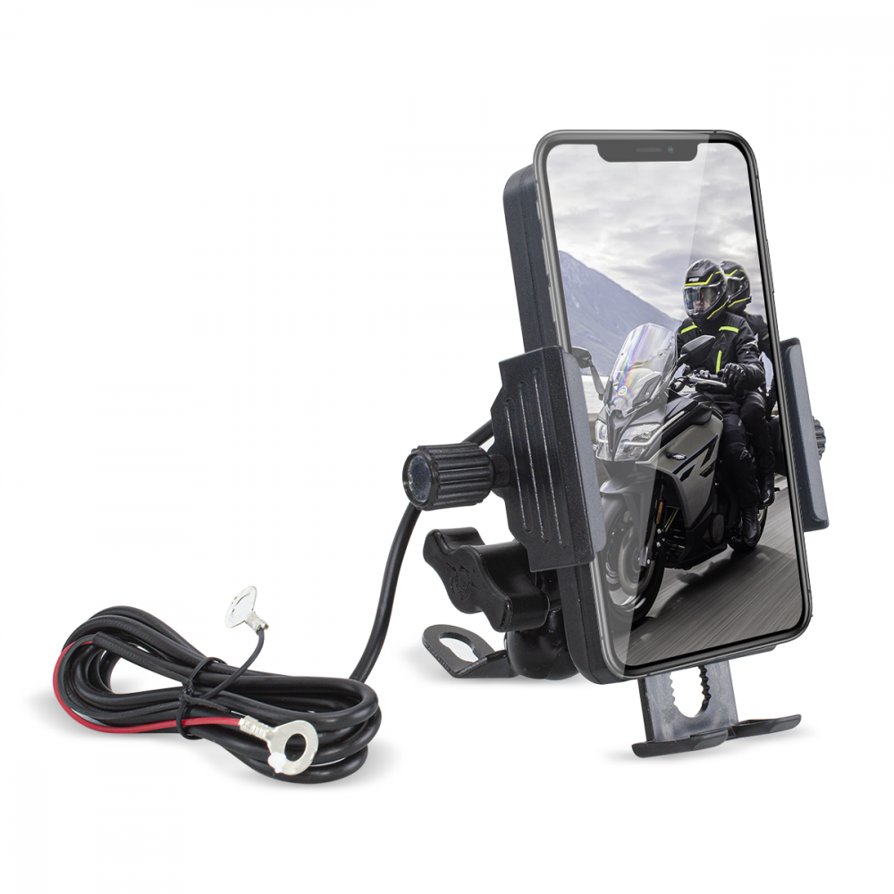 Soporte teléfono móvil con toma de carga USB 5V 2.5A para motos y bicicletas