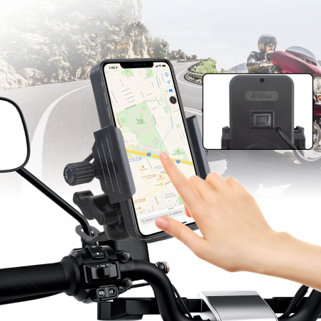 Soporte teléfono móvil con toma de carga USB 5V 2.5A para motos y bicicletas