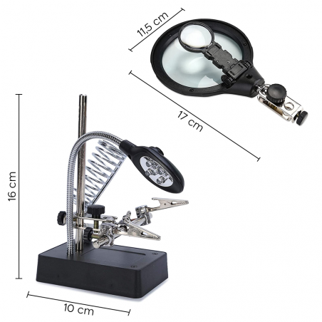 Lupa con clip de fijación y base para soldar con luces LED