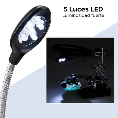 Lupa con clip de fijación y base para soldar con luces LED