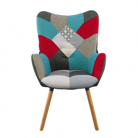 Sillón relax Patchwork diseño moderno con reposabrazos y pies en madera
