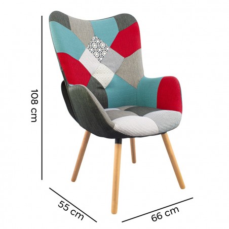 Sillón relax Patchwork diseño moderno con reposabrazos y pies en madera