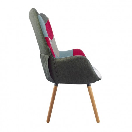 Sillón relax Patchwork diseño moderno con reposabrazos y pies en madera