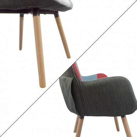 Sillón relax Patchwork diseño moderno con reposabrazos y pies en madera