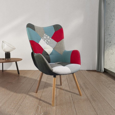 Sillón relax Patchwork diseño moderno con reposabrazos y pies en madera