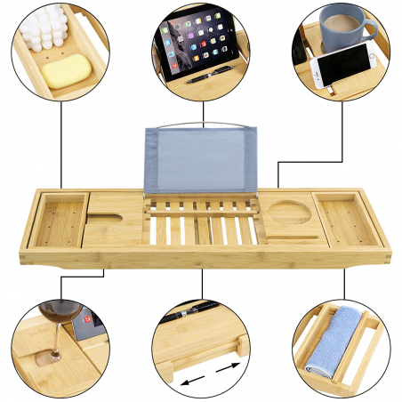 Estante de almacenamiento de bandeja para baño extensible de bambú con soporte