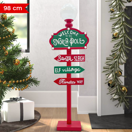 Cartel direcciones Papá Noel 436015 Adorno navideño rojo y verde con luz 32x14cm