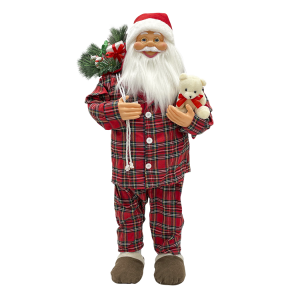 Papá noel 90H cm con pijama rojo escocés 144252 con mini luces y sonidos