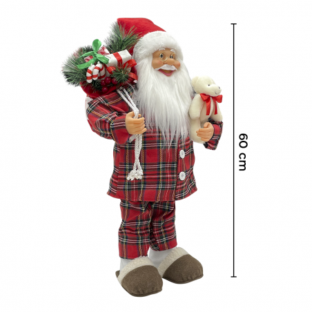 Papá noel 60H cm con pijama rojo escocés 144254 con mini luces
