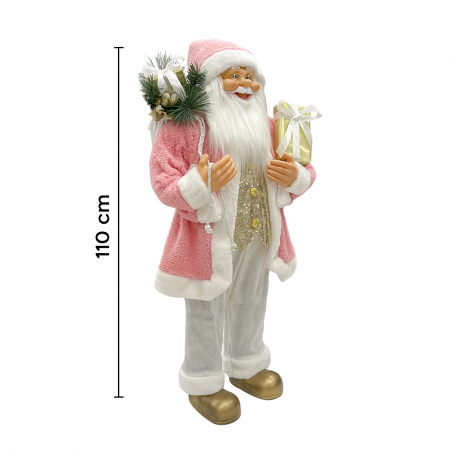 Papá noel 110H cm vestido rosa y blanco 144283 con mini luces y sonidos