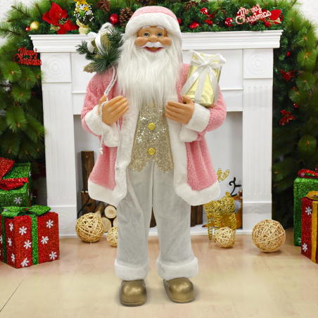 Papá noel 110H cm vestido rosa y blanco 144283 con mini luces y sonidos